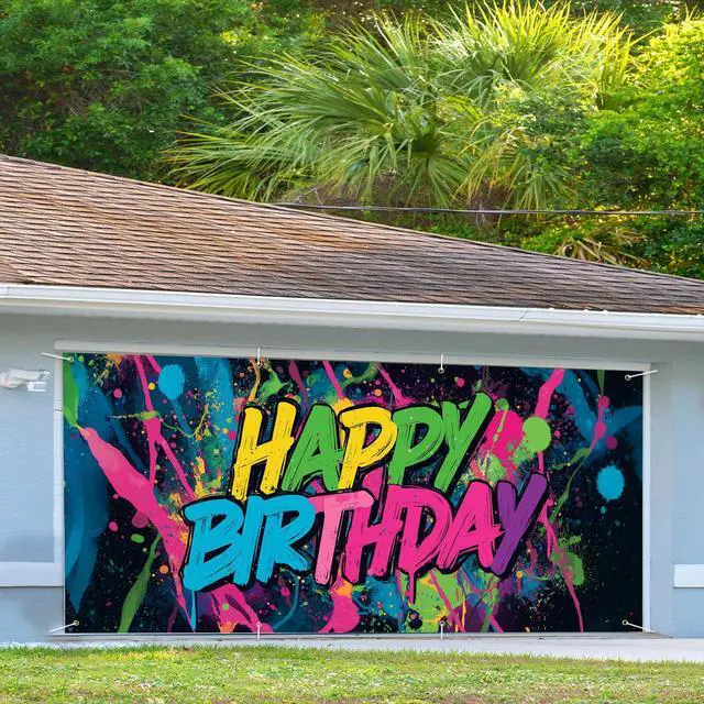 Alt view image 3 of 6 - Neon Paint Splatter Birthday Backdrop 6x13ft Waterproof -Graffiti Garage Door Banner for Teen Party,Youth Photo Booth Background Wall Decor
