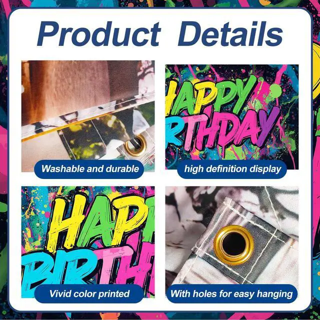 Alt view image 4 of 6 - Neon Paint Splatter Birthday Backdrop 6x13ft Waterproof -Graffiti Garage Door Banner for Teen Party,Youth Photo Booth Background Wall Decor