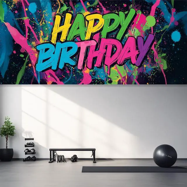 Alt view image 5 of 6 - Neon Paint Splatter Birthday Backdrop 6x13ft Waterproof -Graffiti Garage Door Banner for Teen Party,Youth Photo Booth Background Wall Decor