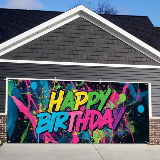Alt view image 6 of 6 - Neon Paint Splatter Birthday Backdrop 6x13ft Waterproof -Graffiti Garage Door Banner for Teen Party,Youth Photo Booth Background Wall Decor