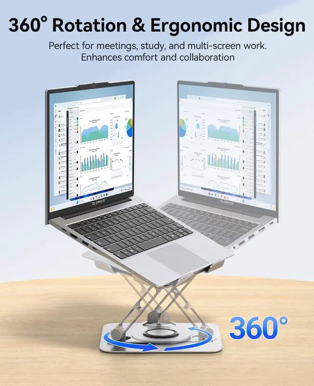Alt view image 2 of 6 - Adjustable Laptop Stand for Desk, 360° Rotating Base, Foldable Aluminum Alloy Computer Stand with Ventilated Design, Compatible with MacBook Neo/Air/Pro, Dell, XPS, HP up to 17'' - ST12, Silver