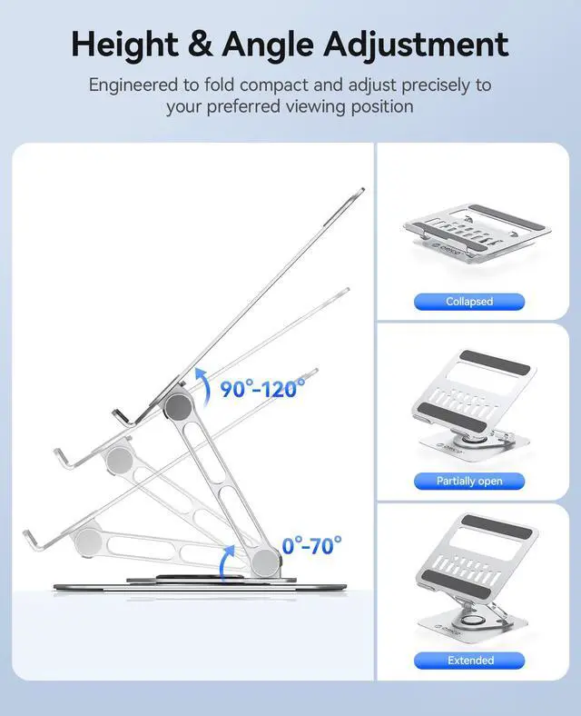 Alt view image 3 of 6 - Adjustable Laptop Stand for Desk, 360° Rotating Base, Foldable Aluminum Alloy Computer Stand with Ventilated Design, Compatible with MacBook Neo/Air/Pro, Dell, XPS, HP up to 17'' - ST12, Silver