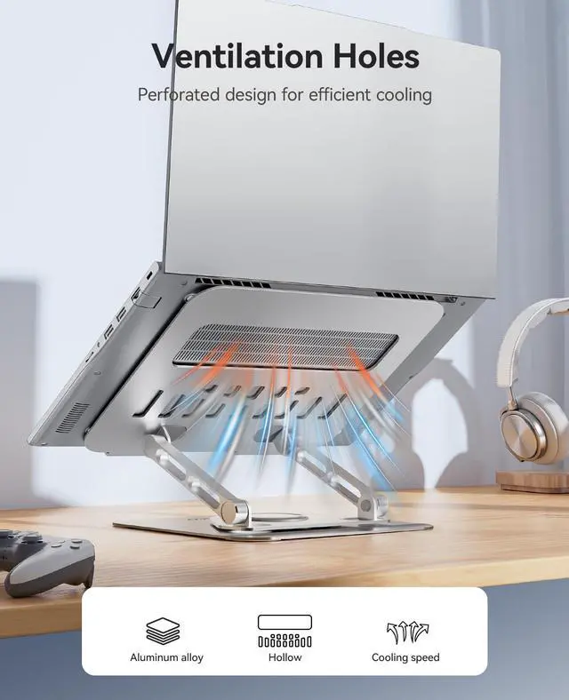 Alt view image 4 of 6 - Adjustable Laptop Stand for Desk, 360° Rotating Base, Foldable Aluminum Alloy Computer Stand with Ventilated Design, Compatible with MacBook Neo/Air/Pro, Dell, XPS, HP up to 17'' - ST12, Silver