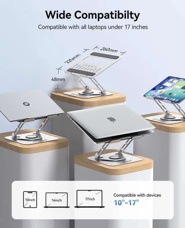 Alt view image 5 of 6 - Adjustable Laptop Stand for Desk, 360° Rotating Base, Foldable Aluminum Alloy Computer Stand with Ventilated Design, Compatible with MacBook Neo/Air/Pro, Dell, XPS, HP up to 17'' - ST12, Silver