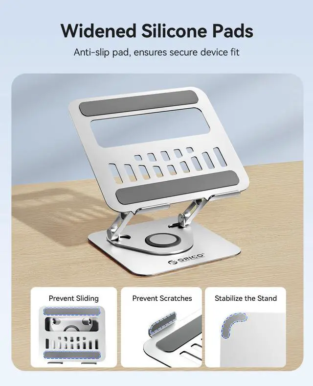 Alt view image 6 of 6 - Adjustable Laptop Stand for Desk, 360° Rotating Base, Foldable Aluminum Alloy Computer Stand with Ventilated Design, Compatible with MacBook Neo/Air/Pro, Dell, XPS, HP up to 17'' - ST12, Silver