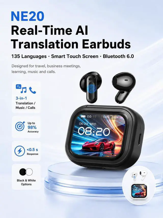 Alt view image 2 of 6 - NE20 Real-Time AI Translation Earbuds, 2026 Audifonos Traductores Inglés Español Headphones, LCD Touch Screen Bluetooth 6.0, 135 Languages 3-in-1 Music/Call, 60H Playtime for Travel Business (Black)