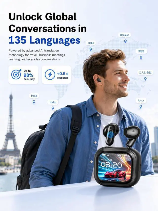Alt view image 3 of 6 - NE20 Real-Time AI Translation Earbuds, 2026 Audifonos Traductores Inglés Español Headphones, LCD Touch Screen Bluetooth 6.0, 135 Languages 3-in-1 Music/Call, 60H Playtime for Travel Business (Black)