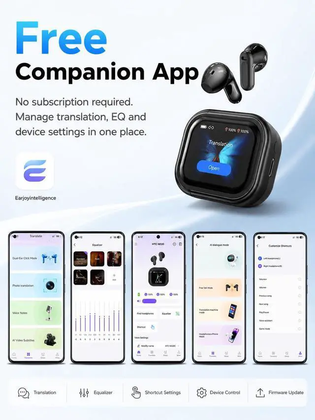 Alt view image 5 of 6 - NE20 Real-Time AI Translation Earbuds, 2026 Audifonos Traductores Inglés Español Headphones, LCD Touch Screen Bluetooth 6.0, 135 Languages 3-in-1 Music/Call, 60H Playtime for Travel Business (Black)