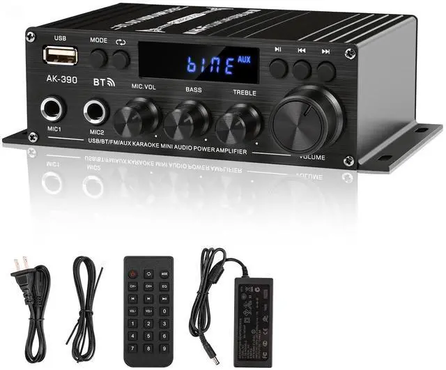 Main image of Stereo Amplifier Home Audio Receiver AK-390,AMP Speaker Bluetooth 5.0 Amplifier 400W+400W 2 Channels with 12V/3A Power Amplifier HiFi Amplifier FM Radio,(BT,USB, AUX, Mic)Input for Home Party