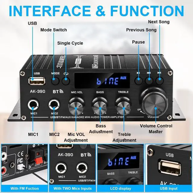 Alt view image 2 of 6 - Stereo Amplifier Home Audio Receiver AK-390,AMP Speaker Bluetooth 5.0 Amplifier 400W+400W 2 Channels with 12V/3A Power Amplifier HiFi Amplifier FM Radio,(BT,USB, AUX, Mic)Input for Home Party