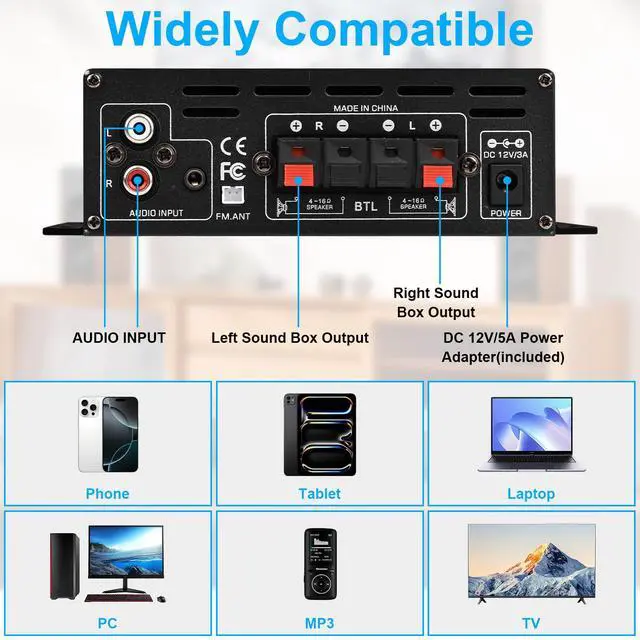 Alt view image 3 of 6 - Stereo Amplifier Home Audio Receiver AK-390,AMP Speaker Bluetooth 5.0 Amplifier 400W+400W 2 Channels with 12V/3A Power Amplifier HiFi Amplifier FM Radio,(BT,USB, AUX, Mic)Input for Home Party