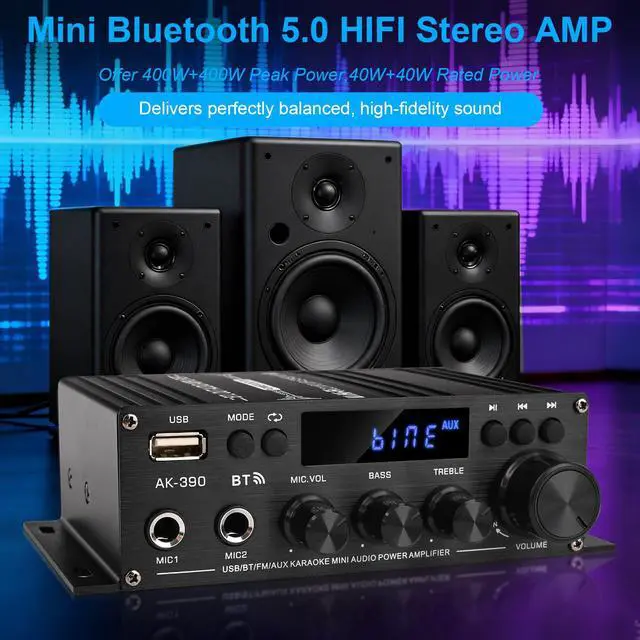 Alt view image 4 of 6 - Stereo Amplifier Home Audio Receiver AK-390,AMP Speaker Bluetooth 5.0 Amplifier 400W+400W 2 Channels with 12V/3A Power Amplifier HiFi Amplifier FM Radio,(BT,USB, AUX, Mic)Input for Home Party