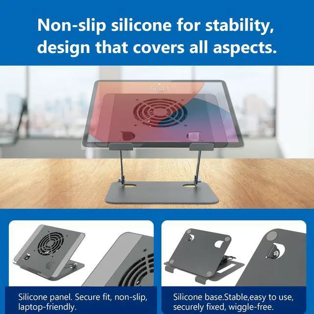 Alt view image 2 of 6 - Laptop Cooling Stand with Fan and One Key Switch | Ergonomic Adjustable Height Desk Computer Holder for All 10-16''Laptops & Tablets Perfect for Gaming, DJ, Office - Gray