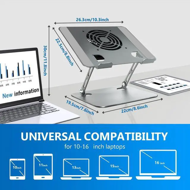 Alt view image 4 of 6 - Laptop Cooling Stand with Fan and One Key Switch | Ergonomic Adjustable Height Desk Computer Holder for All 10-16''Laptops & Tablets Perfect for Gaming, DJ, Office - Gray