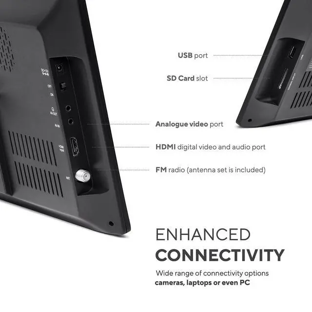 Alt view image 3 of 6 - 13" Portable TV LCD Monitor Battery Powered Wireless Capability HD-TV, HDMI, SD Slot, USB, RCA, AC/DC, FM Radio, Car Charger, Remote Control, for Car & Traveling