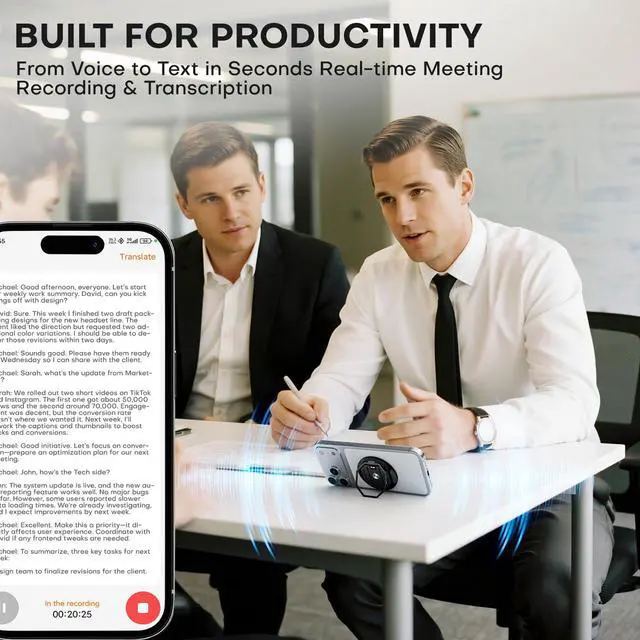 Alt view image 2 of 6 - AI Voice Recorder, Transcribe & Summarise with AI Technology 64GB Memory Device Magnetic Phone Stand Offline/Online Translation Support 127 Languages for Lectures, Meetings, Calls, Travel