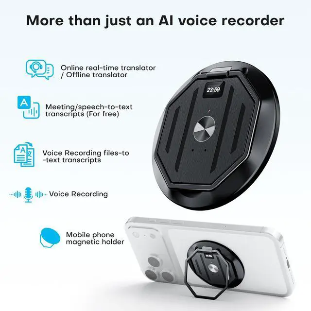 Alt view image 3 of 6 - AI Voice Recorder, Transcribe & Summarise with AI Technology 64GB Memory Device Magnetic Phone Stand Offline/Online Translation Support 127 Languages for Lectures, Meetings, Calls, Travel