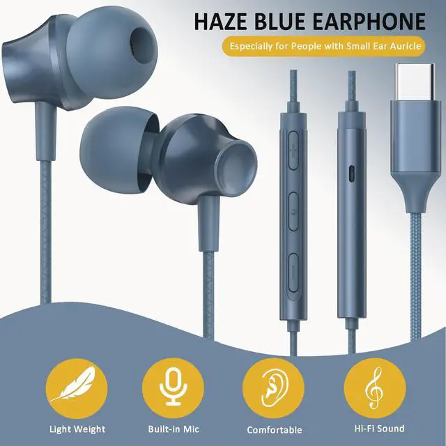 Alt view image 3 of 6 - Wired Earbuds USB C Port in-Ear Earphones Braided Cord with Built-in Mic Ear Buds Wired Compatible for iPhone 15/16/17, iPad Galaxy Android and Most USB Type C Devices Blue
