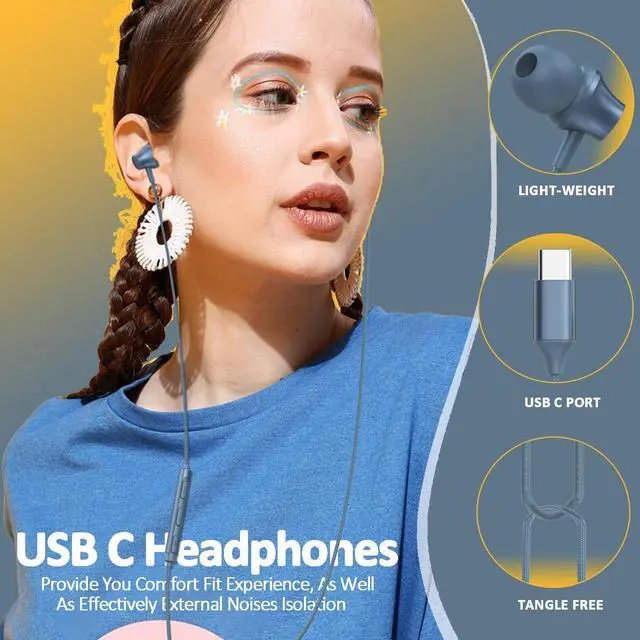 Alt view image 4 of 6 - Wired Earbuds USB C Port in-Ear Earphones Braided Cord with Built-in Mic Ear Buds Wired Compatible for iPhone 15/16/17, iPad Galaxy Android and Most USB Type C Devices Blue