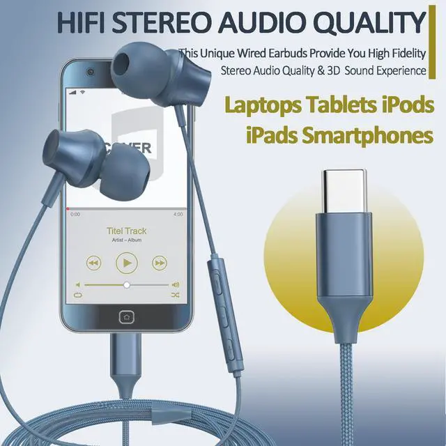 Alt view image 5 of 6 - Wired Earbuds USB C Port in-Ear Earphones Braided Cord with Built-in Mic Ear Buds Wired Compatible for iPhone 15/16/17, iPad Galaxy Android and Most USB Type C Devices Blue