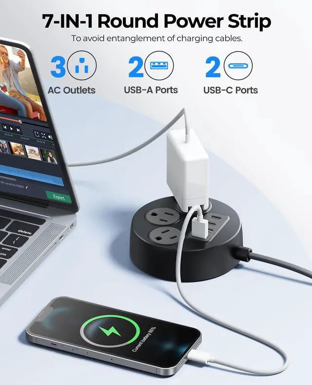Alt view image 2 of 6 - Multiple Outlets Extension Cord, 7 in 1 Power Strip with 3 AC Outlets 2 USB-A and 2 USB-C Ports, Mountable Outlet Extender, 5 ft Flat Plug Power Strip for Dorm/Office/Home- PSO