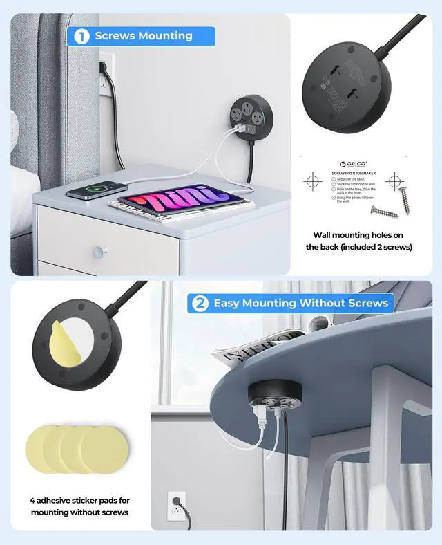 Alt view image 5 of 6 - Multiple Outlets Extension Cord, 7 in 1 Power Strip with 3 AC Outlets 2 USB-A and 2 USB-C Ports, Mountable Outlet Extender, 5 ft Flat Plug Power Strip for Dorm/Office/Home- PSO
