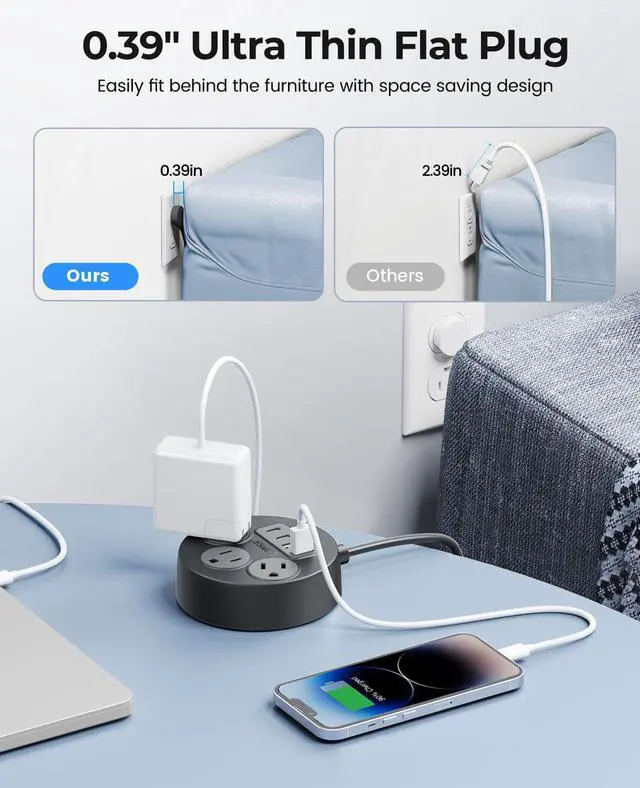 Alt view image 6 of 6 - Multiple Outlets Extension Cord, 7 in 1 Power Strip with 3 AC Outlets 2 USB-A and 2 USB-C Ports, Mountable Outlet Extender, 5 ft Flat Plug Power Strip for Dorm/Office/Home- PSO