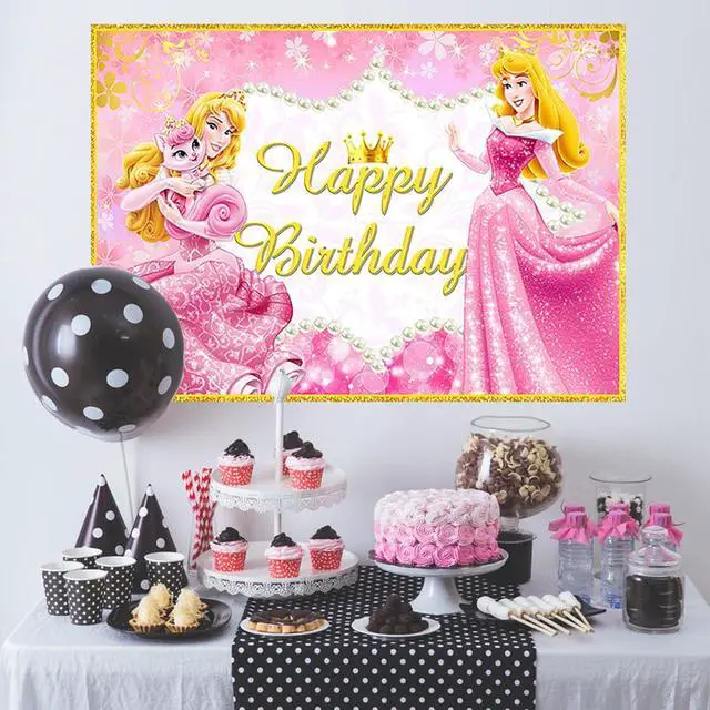 Alt view image 3 of 4 - Pink Princess Backdrop Birthday Party Supplies 5x3ft Sleeping Beauty Photo Backgrounds Princess Aurora Theme Baby Shower Banner for Birthday Cake Table Decoration