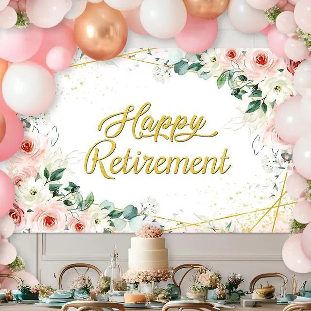 Alt view image 3 of 6 - Happy Retirement Backdrop for Women Rose Pink Floral Gold Dots Retirement Banner Lady's Retired Party Decorations The Aged Women Party Supplies (6x3.6ft)