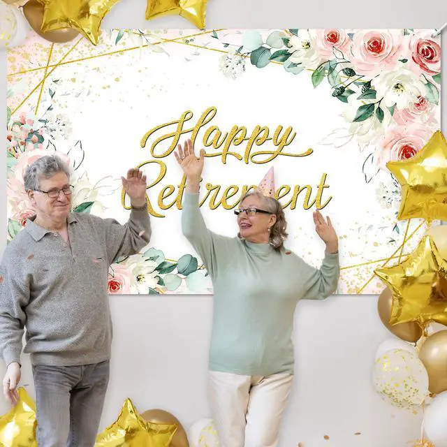 Alt view image 4 of 6 - Happy Retirement Backdrop for Women Rose Pink Floral Gold Dots Retirement Banner Lady's Retired Party Decorations The Aged Women Party Supplies (6x3.6ft)