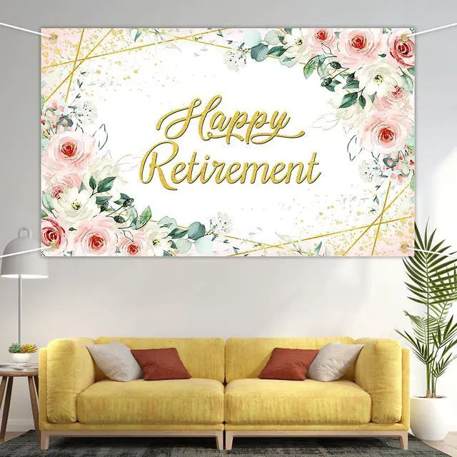 Alt view image 5 of 6 - Happy Retirement Backdrop for Women Rose Pink Floral Gold Dots Retirement Banner Lady's Retired Party Decorations The Aged Women Party Supplies (6x3.6ft)