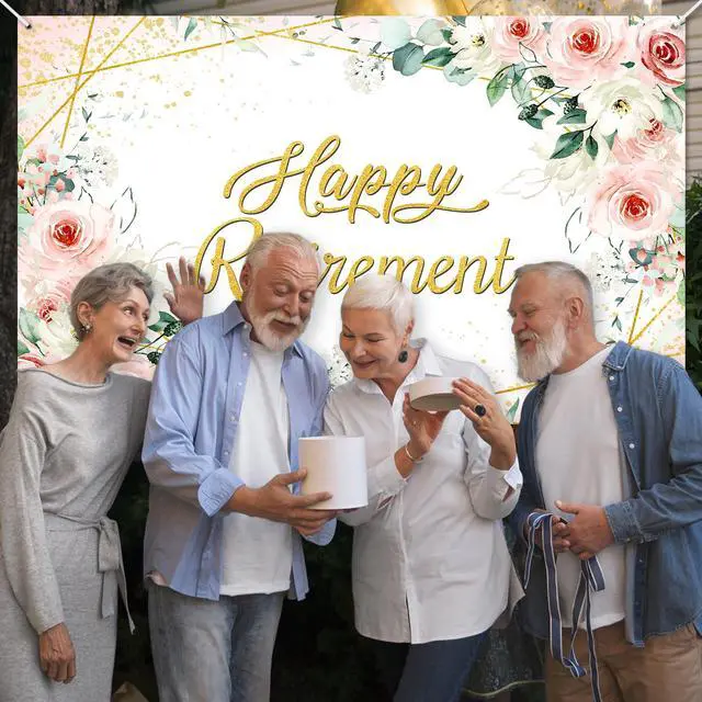 Alt view image 6 of 6 - Happy Retirement Backdrop for Women Rose Pink Floral Gold Dots Retirement Banner Lady's Retired Party Decorations The Aged Women Party Supplies (6x3.6ft)