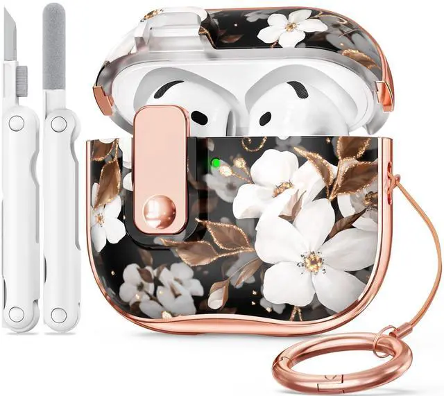 Main image of for Apple AirPod 4 Case 2024 with Lock,Clear TPU Floral AirPod 4th Generation Cases for Women Girly, iPod 4 Case with Keychain & Cleaner Kit- Black Gold Flower
