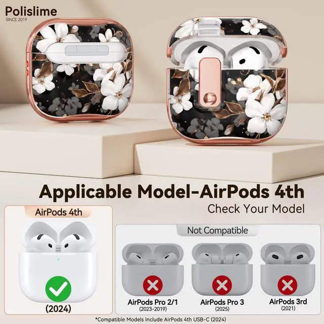 Alt view image 2 of 6 - for Apple AirPod 4 Case 2024 with Lock,Clear TPU Floral AirPod 4th Generation Cases for Women Girly, iPod 4 Case with Keychain & Cleaner Kit- Black Gold Flower