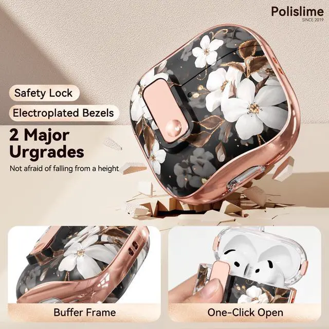 Alt view image 3 of 6 - for Apple AirPod 4 Case 2024 with Lock,Clear TPU Floral AirPod 4th Generation Cases for Women Girly, iPod 4 Case with Keychain & Cleaner Kit- Black Gold Flower