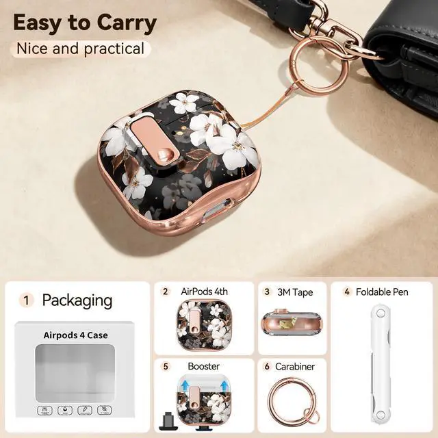 Alt view image 5 of 6 - for Apple AirPod 4 Case 2024 with Lock,Clear TPU Floral AirPod 4th Generation Cases for Women Girly, iPod 4 Case with Keychain & Cleaner Kit- Black Gold Flower