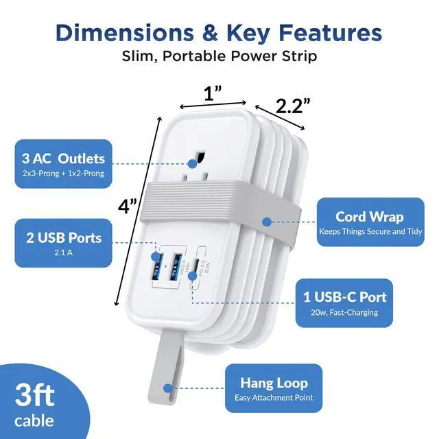 Alt view image 2 of 6 - Travel Charger for Multiple Devices, Flat Plug Power Strip 3ft Adapter Extension Cord, 3 AC Outlets, 2 USB & 1 Fast Charging USB-C, No Surge Cruise Approved, Portable Power Strip