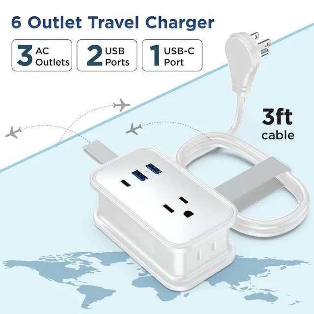 Alt view image 3 of 6 - Travel Charger for Multiple Devices, Flat Plug Power Strip 3ft Adapter Extension Cord, 3 AC Outlets, 2 USB & 1 Fast Charging USB-C, No Surge Cruise Approved, Portable Power Strip