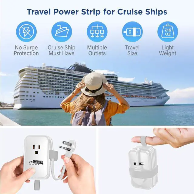 Alt view image 4 of 6 - Travel Charger for Multiple Devices, Flat Plug Power Strip 3ft Adapter Extension Cord, 3 AC Outlets, 2 USB & 1 Fast Charging USB-C, No Surge Cruise Approved, Portable Power Strip
