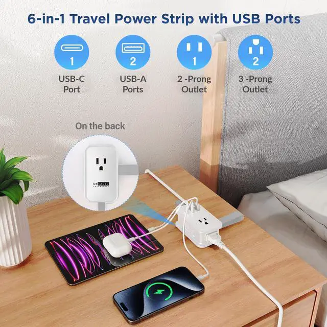 Alt view image 6 of 6 - Travel Charger for Multiple Devices, Flat Plug Power Strip 3ft Adapter Extension Cord, 3 AC Outlets, 2 USB & 1 Fast Charging USB-C, No Surge Cruise Approved, Portable Power Strip