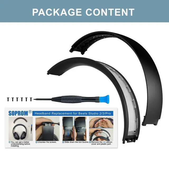 Alt view image 4 of 4 - Top & Bottom Headband Rubber Replacement Cover for Beats Studio Pro Noise Cancelling Headphones, Plastic Headstrap Pad Repair Parts-Black