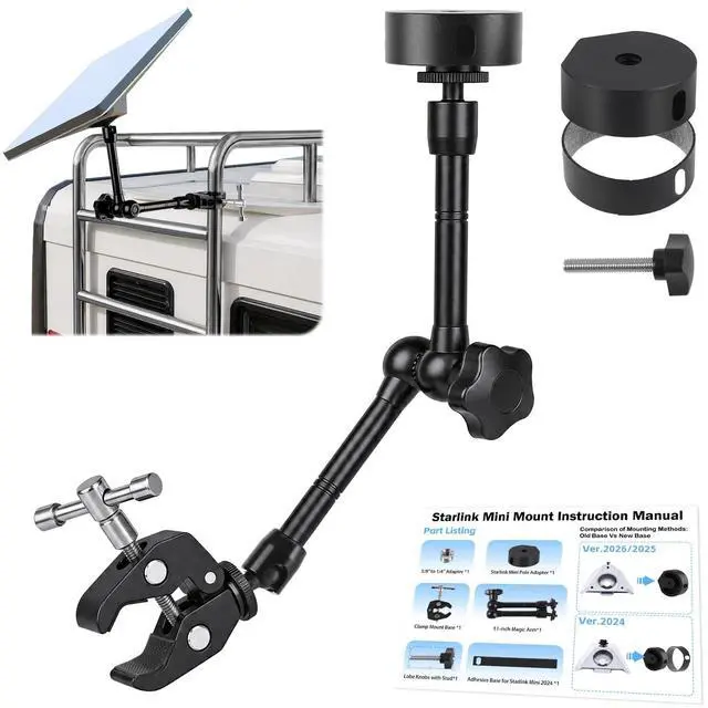 Main image of 2024-2026 Starlink Mini Clamp Mount RV Adjustable Arm & Pipe Adapter