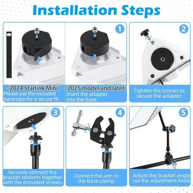 Alt view image 5 of 6 - 2024-2026 Starlink Mini Clamp Mount RV Adjustable Arm & Pipe Adapter