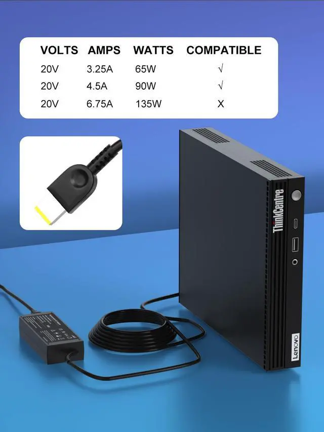 Alt view image 2 of 6 - 90W Charger Compatible with Lenovo Ideacentre ThinkCentre Neo 50a 50q 30a M70q M73 M75q M80q M83 M90q M93p M700 M710 M710q M715q M720 M900 M910 M910q All-in-One Desktop Power Adapter