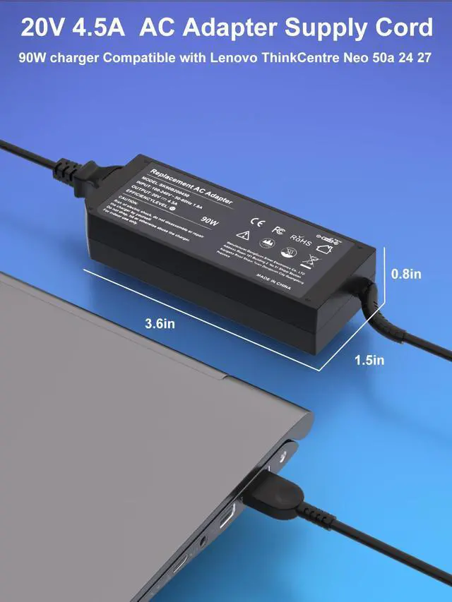 Alt view image 3 of 6 - 90W Charger Compatible with Lenovo Ideacentre ThinkCentre Neo 50a 50q 30a M70q M73 M75q M80q M83 M90q M93p M700 M710 M710q M715q M720 M900 M910 M910q All-in-One Desktop Power Adapter