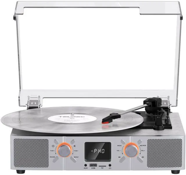 Main image of VinylsLink Vinyl Record Player with Speakers, Bluetooth Turntable, 3-Speed LP Player with Auto Stop, USB/TF Playback and Recording, FM Radio, LED Display, RCA Out, AUX in, Headphone Jack, Silver