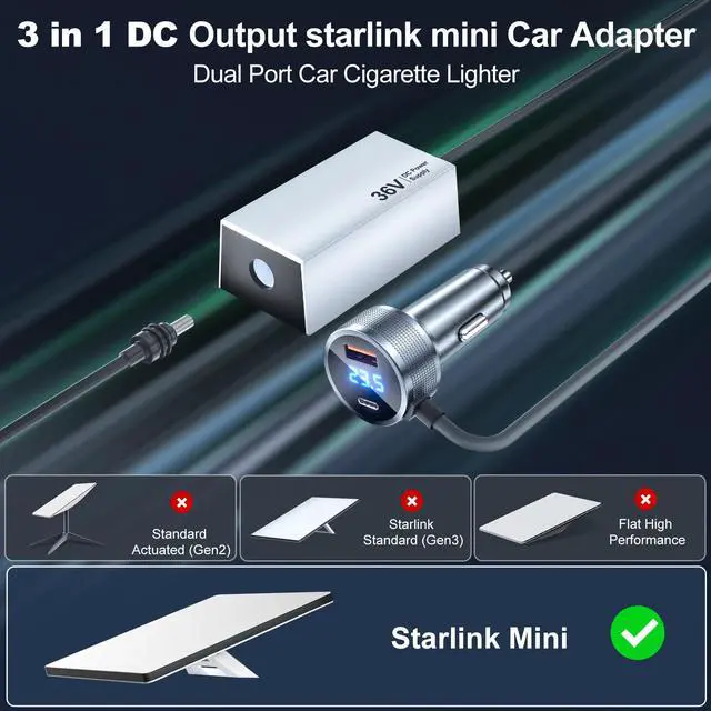 Alt view image 2 of 6 - Starlink Mini Car Adapter, Car Charger 12V/24 to 36V Step Up Converter Starlink Accessories, 1M/3.2ft Mini Cigarette Lighter Adapter for RV Truck/RV/Car, USB-C 45W/USB-A 18W Dual Ports