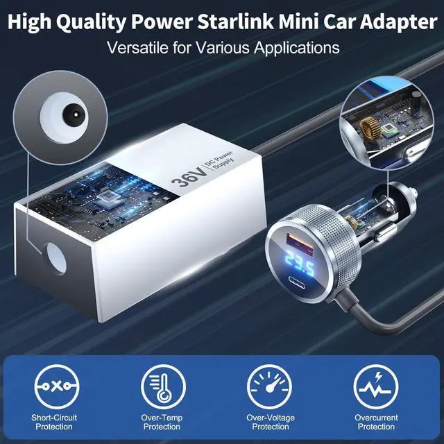 Alt view image 5 of 6 - Starlink Mini Car Adapter, Car Charger 12V/24 to 36V Step Up Converter Starlink Accessories, 1M/3.2ft Mini Cigarette Lighter Adapter for RV Truck/RV/Car, USB-C 45W/USB-A 18W Dual Ports