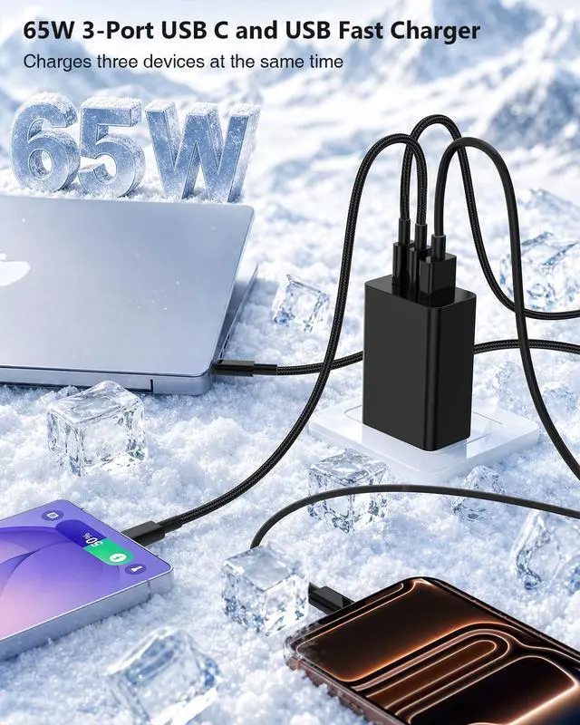 Alt view image 2 of 6 - 65W USB C Super Fast Charger for Samsung S26 Ultra,3-Port Type C Laptop Adapter Block with 3+6ft USB&3+6+10+10ft USBC Cable for Samsung Galaxy S26 Ultra S25/S24/S23,Tab,MacBook, iPhone 17/16-BK