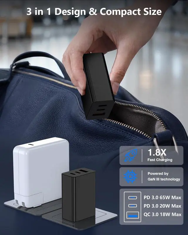 Alt view image 4 of 6 - 65W USB C Super Fast Charger for Samsung S26 Ultra,3-Port Type C Laptop Adapter Block with 3+6ft USB&3+6+10+10ft USBC Cable for Samsung Galaxy S26 Ultra S25/S24/S23,Tab,MacBook, iPhone 17/16-BK